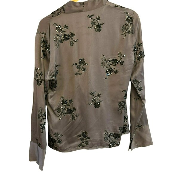 Zara Women's Brown Long Sleeve Sequin Wrap Blouse Large Floral V Neck Night Out - Picture 4 of 4